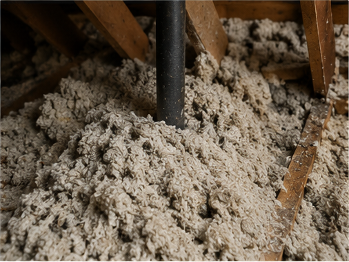 Loose insulation around attic framing and pipes.