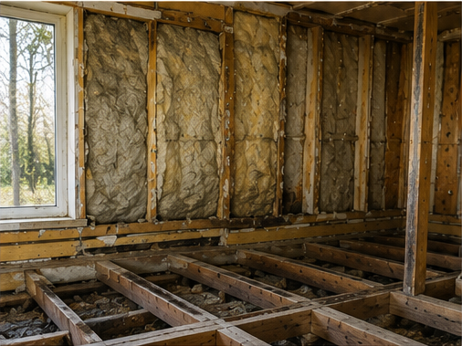 Opened wall and floor cavities in an older building.